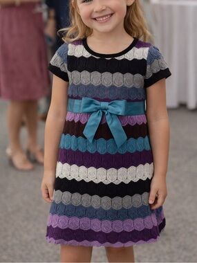 NWT Bonnie Jean Girls Striped Knit Dress with Satin Bow - Multi-Color Size 5